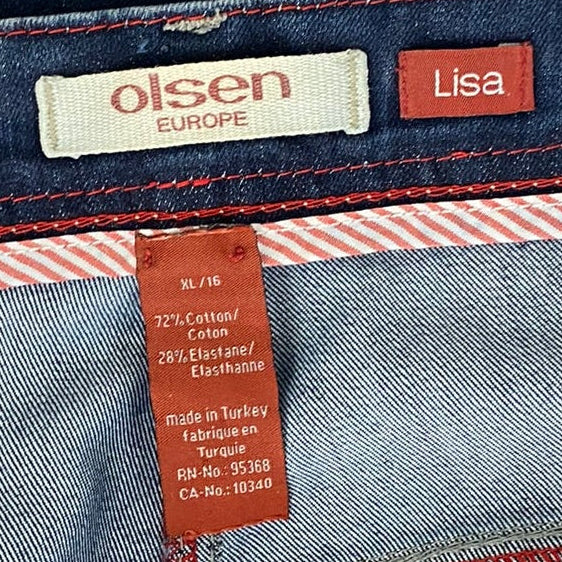 Label of Front the Olsen Europe Lisa mid-Rrse straight leg blue jeans in size XL or 16
