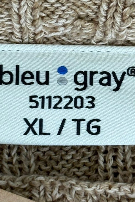 Product tag or label for bleu gray Cable Knit Gold Sweater in Midsize XL