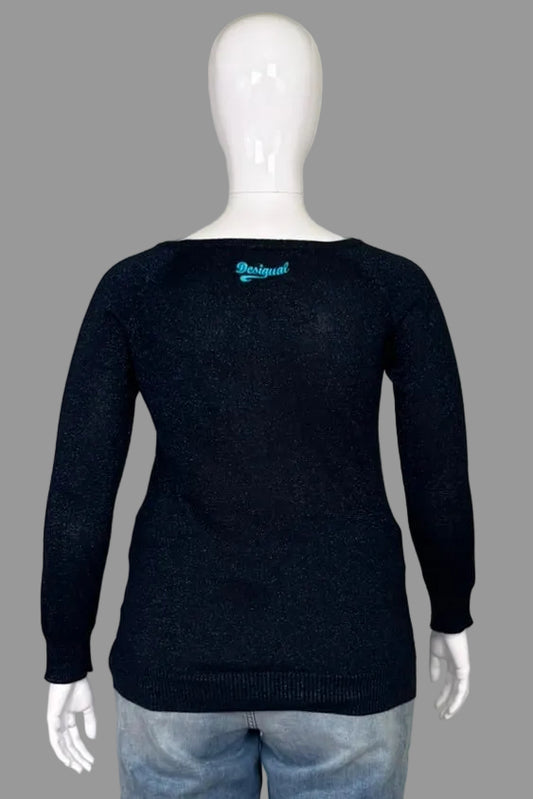 Back view of Desigual Navy Metallic Thread Sweater with Floral Embroidery Size XL