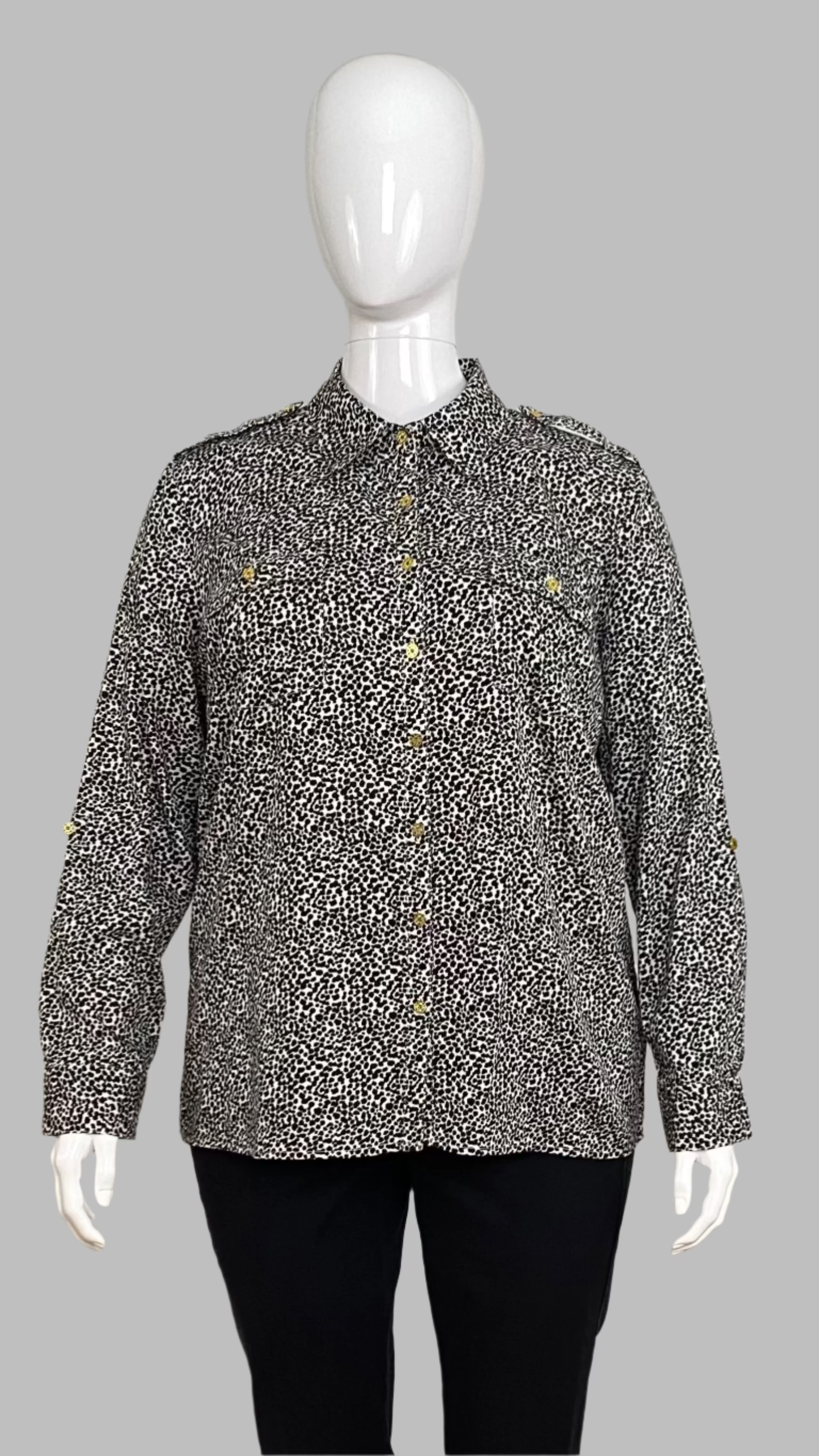 Front view of Jaclyn Smith 100% black and white cotton animal print shirt in size L 