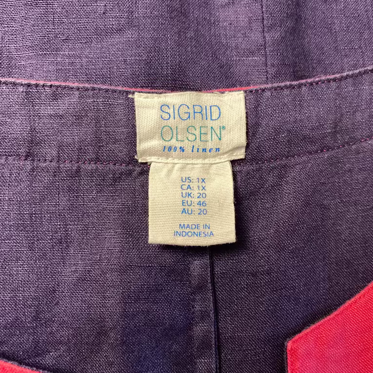 Product tag or label for the Sigrid Olsen purple linen sleeveless dress in Plus Size 1X