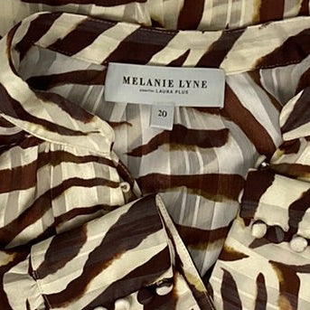 Product tag or label for Melanie Lyne Animal Print Blouse in Plus Size 20