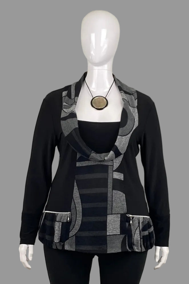 Front view of black Frank Lyman Abstract Cowl Neck Top  in Midsize XL
