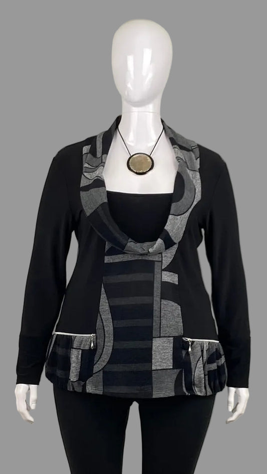 Front view of black Frank Lyman Abstract Cowl Neck Top  in Midsize XL