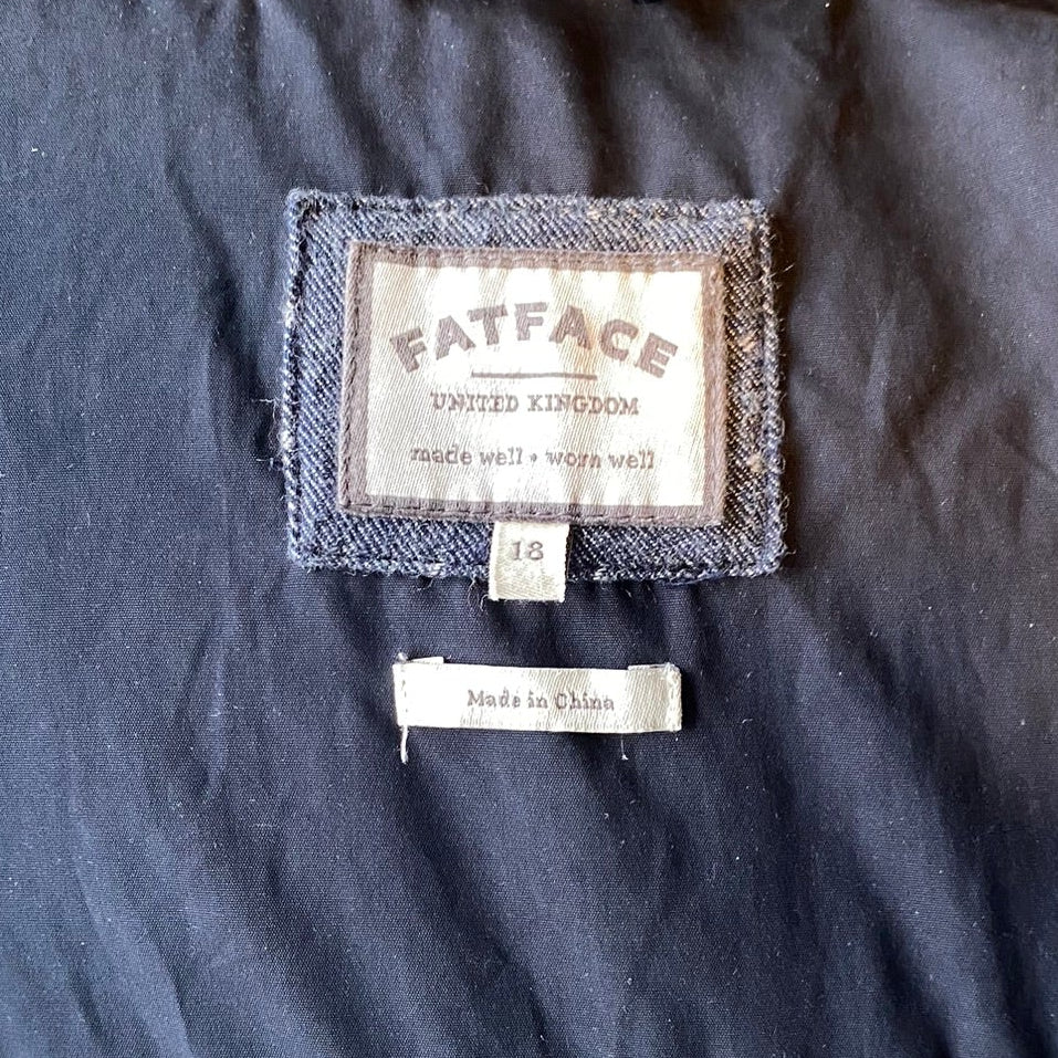 FatFace label of the Blue Down & Feather puffer Vest in midsize 14