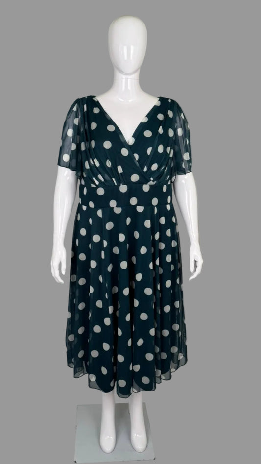 Front view of Scarlett & Jo Teal Lollidot Victoria Dress  in Plus Size 22