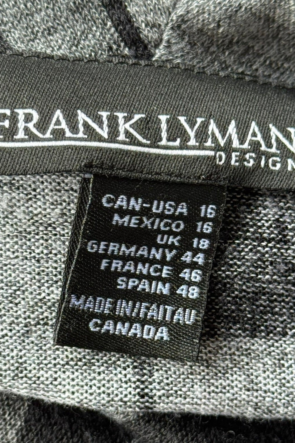 Product tag or label for the Frank Lyman Black Abstract Cowl Neck Top in size 16