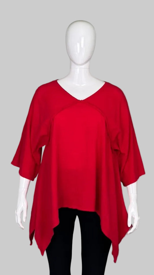 Front view of ABACÁ 100% Cotton Red Asymmetrical Tunic Top in Size 1X / XXL