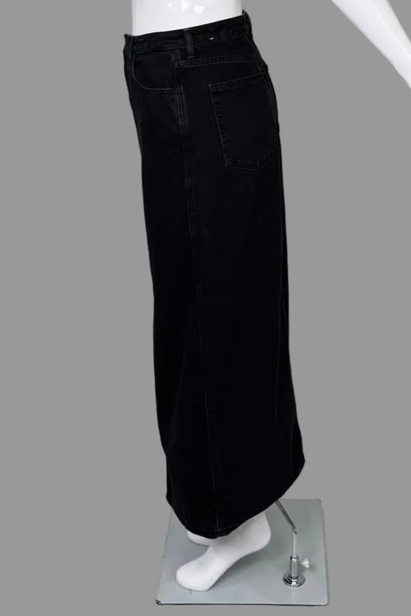 Mango MNG Black Slit Denim Maxi Skirt - Size XL