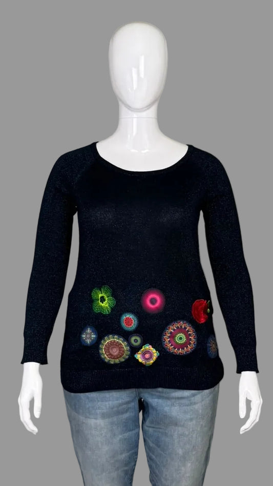 Front view of Desigual Navy Metallic Thread Sweater with Floral Embroidery Size XL