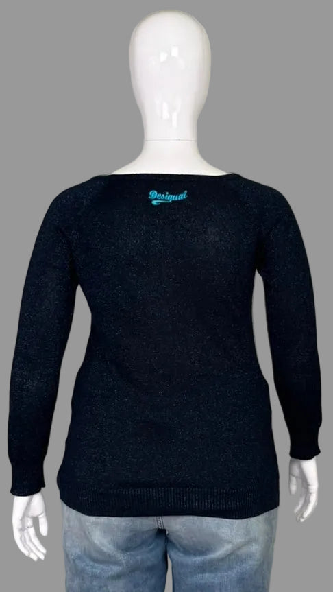 Back view of Desigual Navy Metallic Thread Sweater with Floral Embroidery Size XL