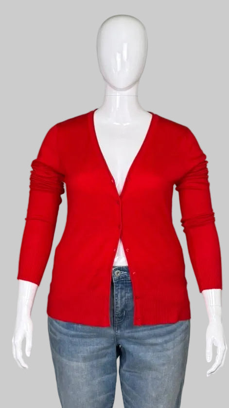 Front view of Grace Fashions Vibrant Red Knit Cardigan in Midsize 14