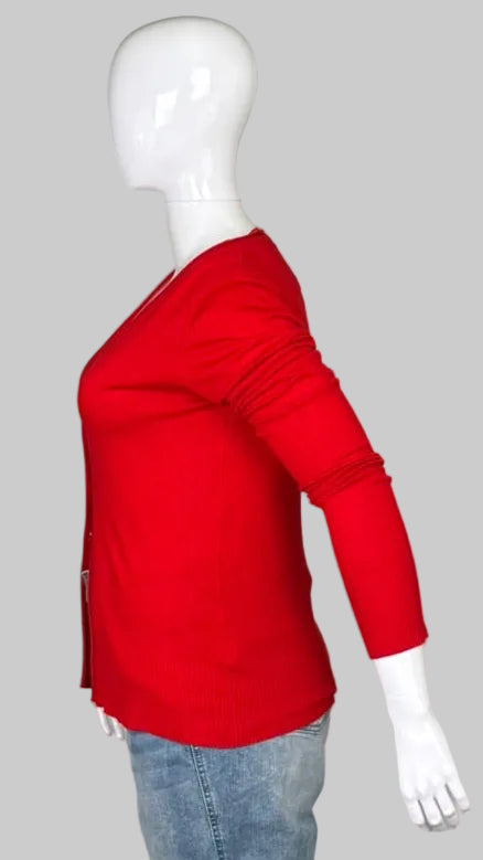 Side view of Grace Fashions Vibrant Red Knit Cardigan in Midsize 14
