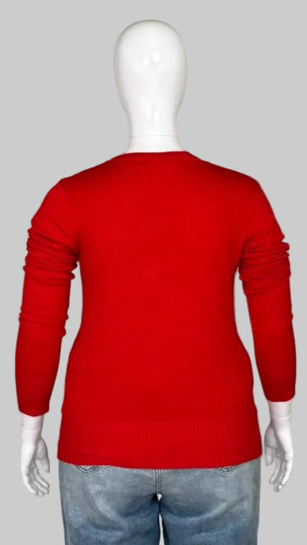 Back view of Grace Fashions Vibrant Red Knit Cardigan in Midsize 14