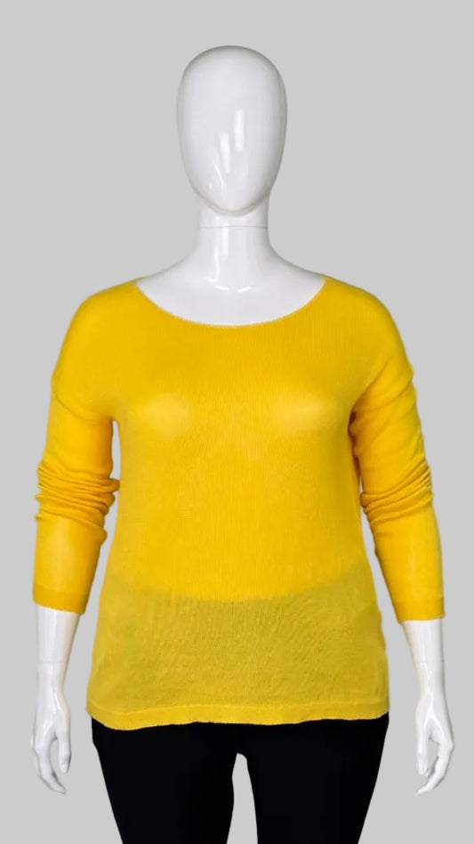 Front view of Julio 100% Italian Cotton Yellow Lace Detail Sweater in Size L