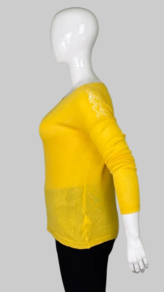 Side view of Julio 100% Italian Cotton Yellow Lace Detail Sweater-Size L