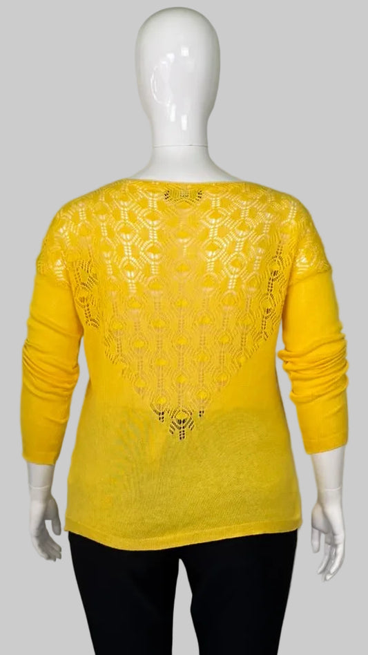 Back view of Julio 100% Italian Cotton Yellow Lace Detail Sweater-Size L