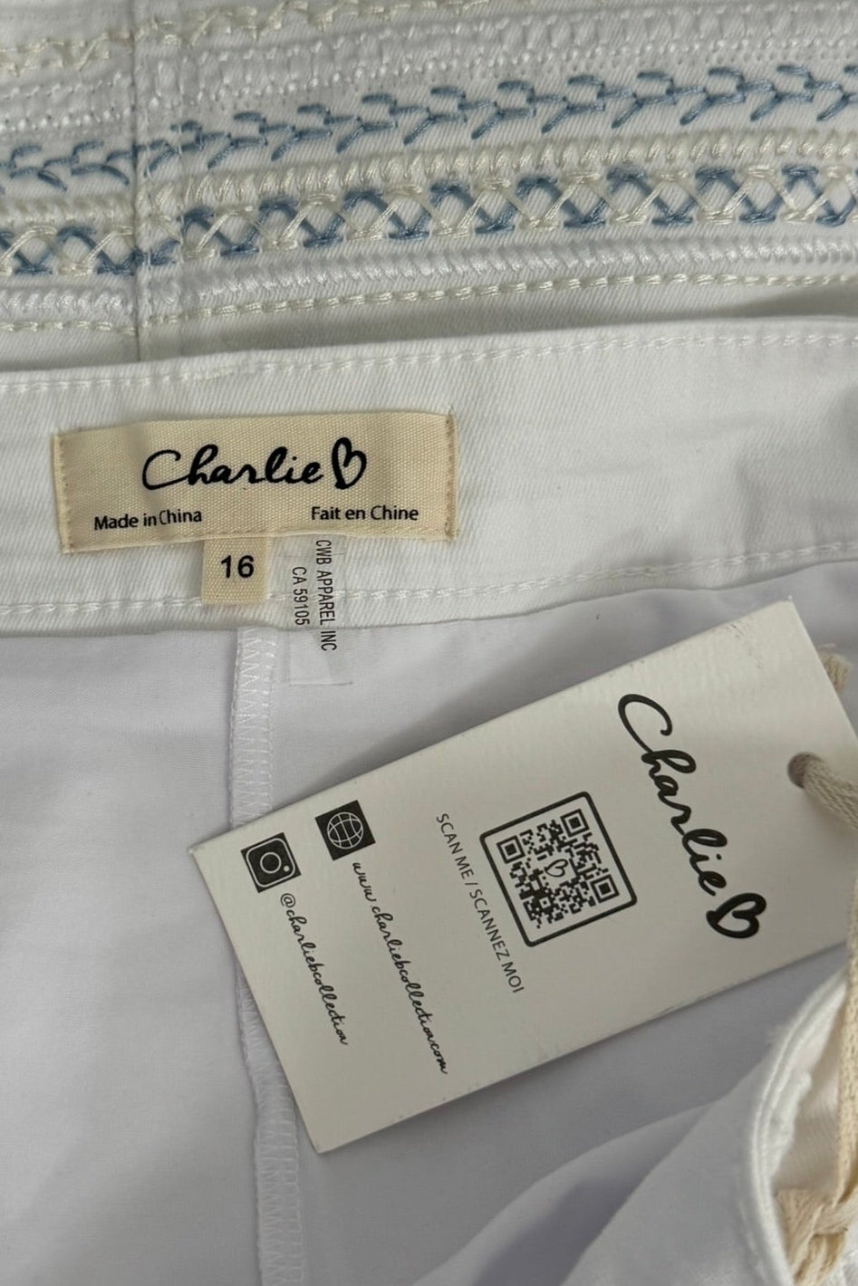 Charlie B White Embroidered Hem Denim Skort - Size 16