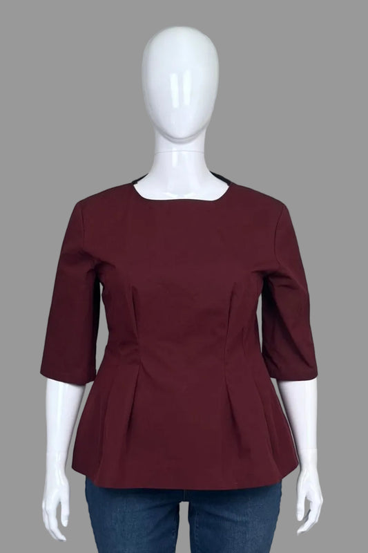 Zara Burgundy Structured Pleated Peplum Top - Size XL