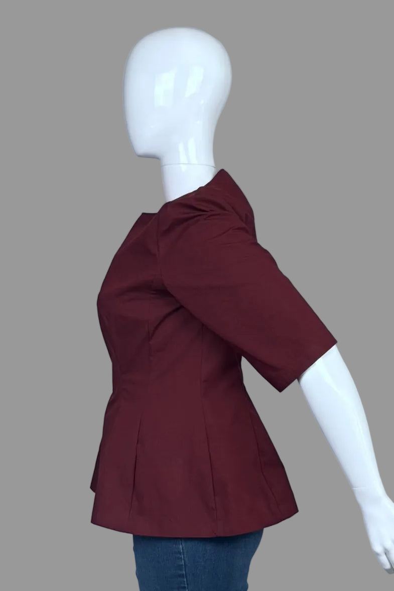 Zara Burgundy Structured Pleated Peplum Top - Size XL