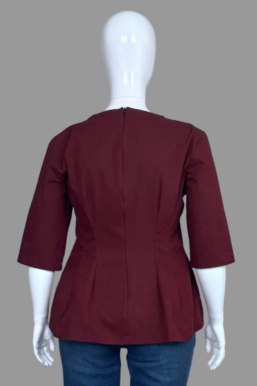 Zara Burgundy Structured Pleated Peplum Top - Size XL