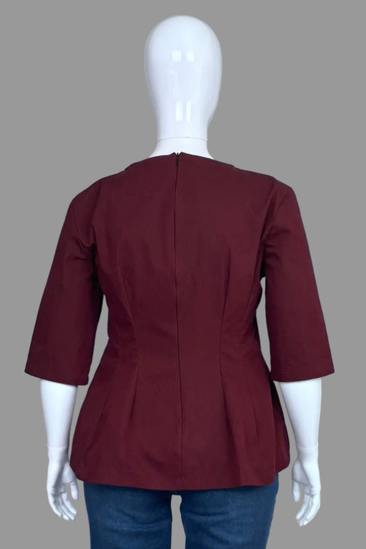 Zara Burgundy Structured Pleated Peplum Top - Size XL