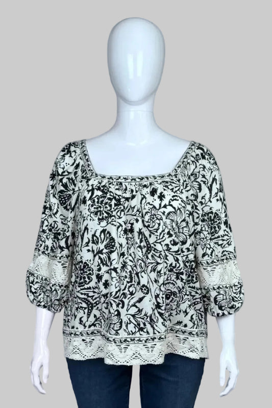Christian Siriano Black and White Linen Blend Blouse with Lace Detail - Size 1X