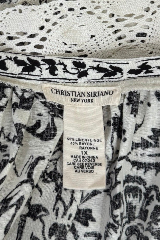 Christian Siriano Black and White Linen Blend Blouse with Lace Detail - Size 1X