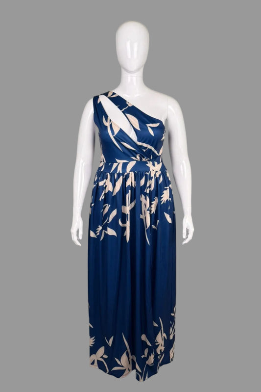 Retro Stage Blue Asymmetrical Maxi Dress - Size XXL